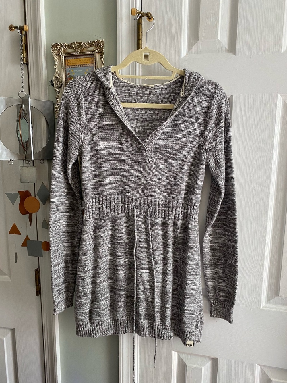 Roxy Women's Marled Gray Babydoll Hoodie Tunic Sweater Knit V Neck Pullover Y2K